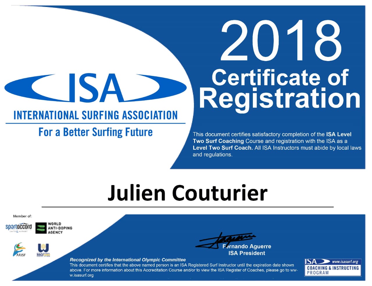 International surfing association diploma of Julien surf instructor in Bali ocean surf
