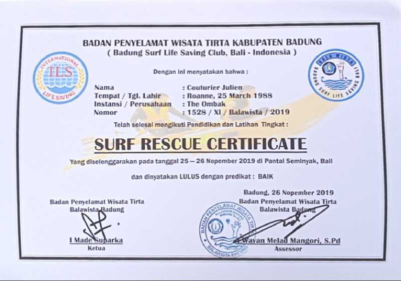 surf rescue certificate diploma of Julien surf instructor in Bali ocean surf