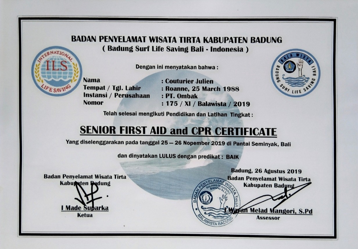 Julien's senior first aid and CPR certificate surf instructor at bali ocean surf
